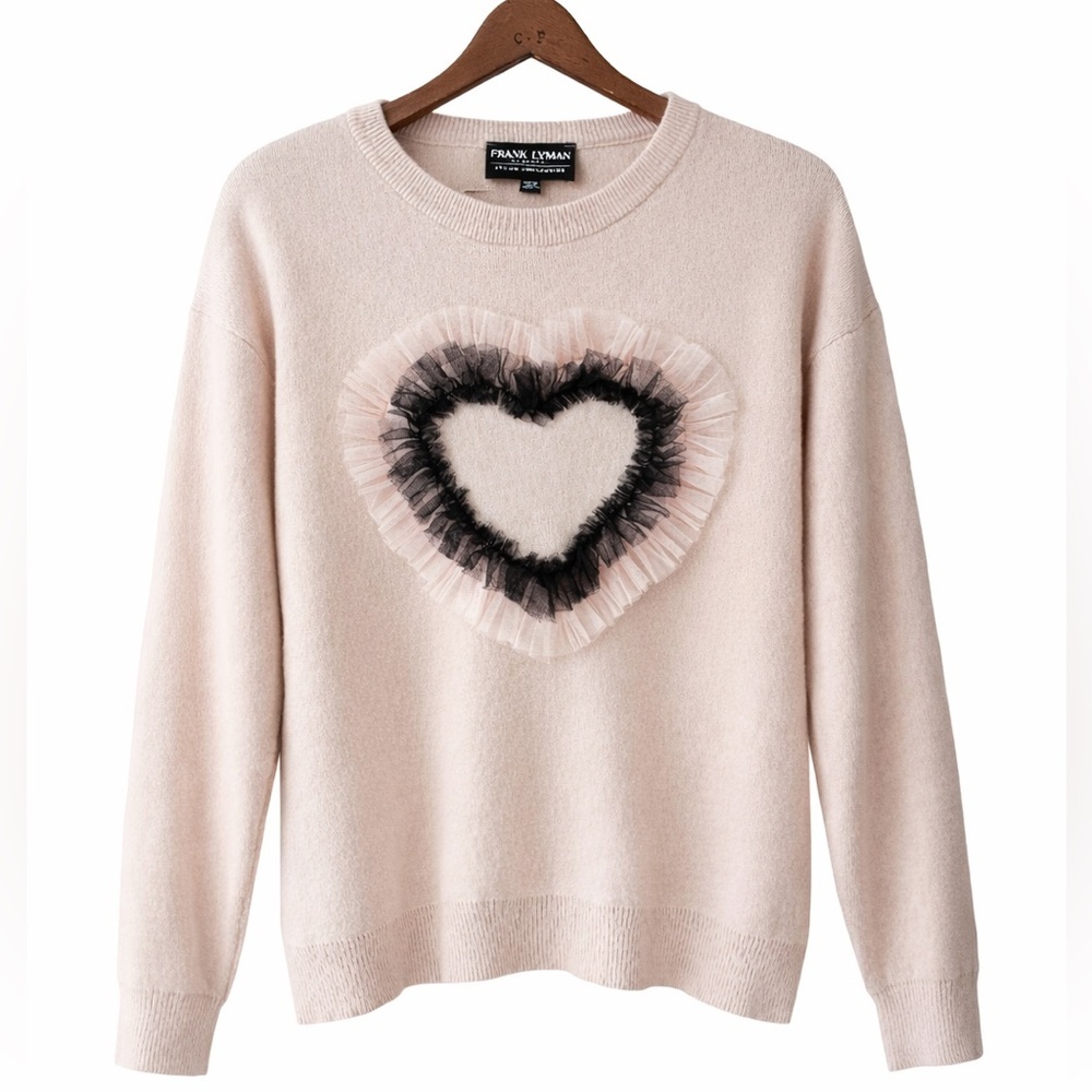 Frank Lyman Beige Knit Sweater Sheer Heart Detail Soft Pullover S/M